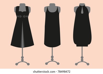 Three evening cocktail black dresses for pregnant women, vector illustration, isolated.