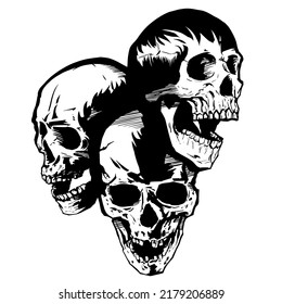 Three evil skulls. Preparation for a tattoo. Vector illustration.