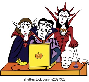 Three excited old-fashioned vampires and one modern computer.