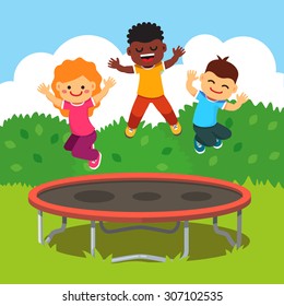 Three excited and smiling kids jumping on trampoline in a courtyard. Children having fun at a happy summertime vacation. Flat style cartoon vector illustration.