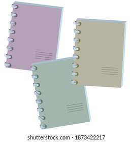 Three exercise books on a white background. Color cartoon notebooks. Vector illustration