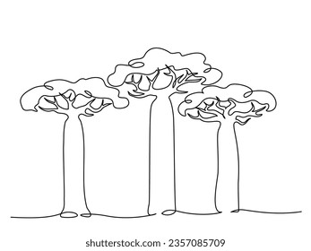 Three Exotic Baobab trees sign. Continuous one line art drawing style. Minimalist black linear sketch isolated on white background. Vector illustration svg