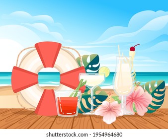 Three exotic cocktails in transparent glass on the beach with tropical flowers vector illustration with sea shore beach background