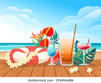 Three exotic cocktails in transparent glass on the beach with tropical flowers vector illustration with sea shore beach background