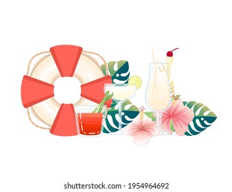 Three exotic cocktails in transparent glass with tropical flowers vector illustration on white background