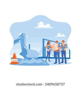 Three experts at the construction project site. They discuss and plan detailed development plans. Experts inspect commercial building construction site concepts. Trend Modern vector flat illustration