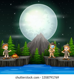 Three explorer children with campfire in the night scene