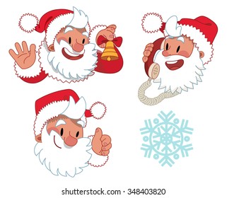 Three expressions of Santa Claus character and a snowflake