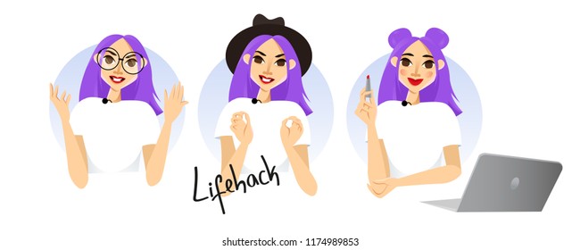 Three Expressive Characters In Cartoon Flat Style. Website avatar or fashion blogger symbol.