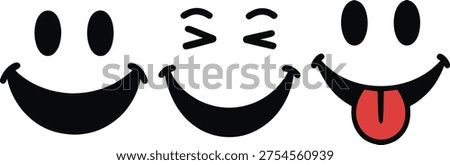Three expressive faces with varying emotions and a tongue sticking out