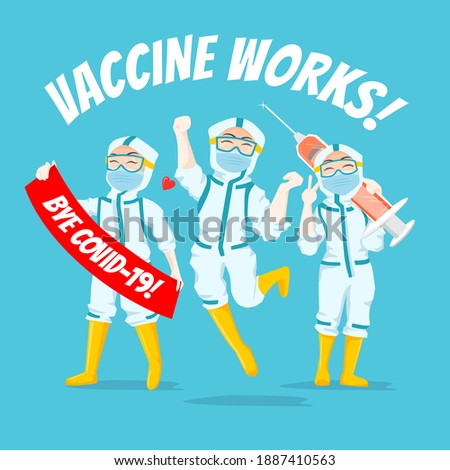 Three Expressive Nurses character Illustration wearing ppe hazmat suit  holding signs and syringe pro vaccination for covid19