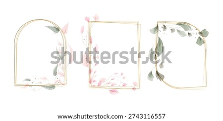 Three exquisite golden geometric frames are showcased, each adorned with soft watercolor botanical elements.