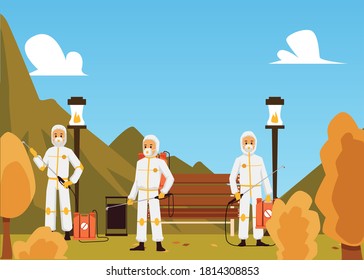 Three exterminators wearing special uniform providing pest control service outdoors in park. Professional insects poisoning work, flat cartoon vector illustration