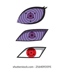 Three eye images of the sharingan eye that turns into the rinnegan that is always used by sasuke uciha