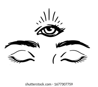 Three eyed enlightened moksha concept. Ajna chakra. Hand drawn boho yogi vector illustration for T shirt print