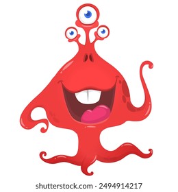 Three eyed funny monster with tentacles. Vector illustration.