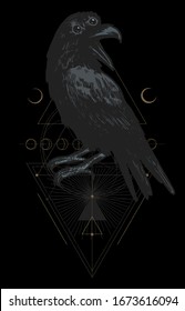 Three eyed raven, geometric figures and moons occult bird t-shirt print vector illustration.