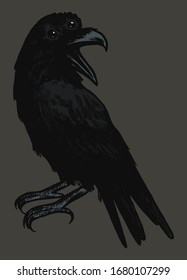 Three eyed raven. Occult bird illustration.