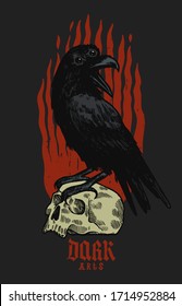 Three eyed raven standing on the human skull on the fire background. Dark arts occult illustration. Music party poster vector illustration t-shirt print.