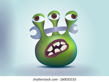 Three eyes alien monster with wrench. Vector illustration