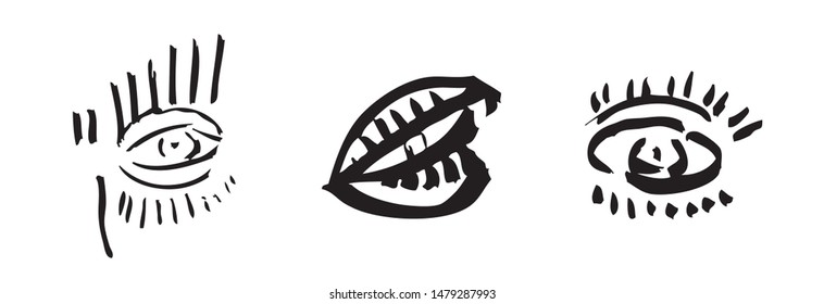 The Three Eyes. Ink, paintbrush hand vector drawing, doodle, grunge illustration. Stylized quick study of human eye, various angles. Woodcut, lino cut retro vintage style sketch for tattoo, stickers.