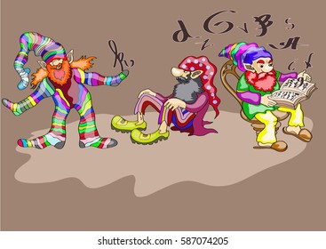     Three fabulous dwarfs , in different poses, read a book from which fly  letters , on a brown   background