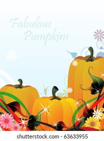 Three fabulous pumpkins on the sparkling floral background