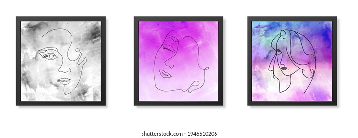 Three face line posters on watercolor background minimalist design colorful design - vector