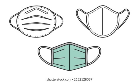 Three Face Mask Designs Line Art Illustrations Black White Teal