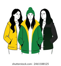 Three FACELESS female friends wearing winter jackets with different poses