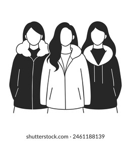Three FACELESS female friends wearing winter jackets with different poses