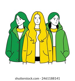 Three FACELESS female friends wearing winter jackets with different poses