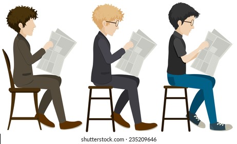 Three faceless men reading on a white background 