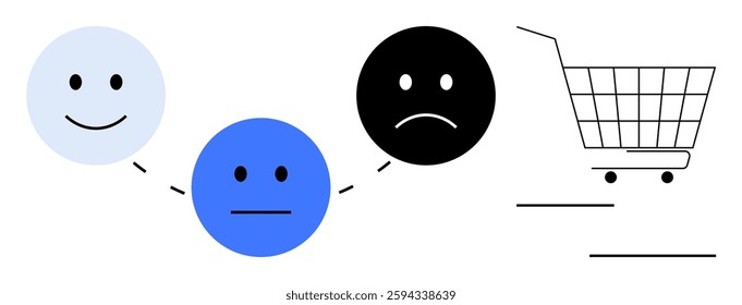 Three faces with different emotions connected by lines leading to shopping cart. Ideal for customer satisfaction analysis, retail feedback, user experience design, consumer emotions, market research