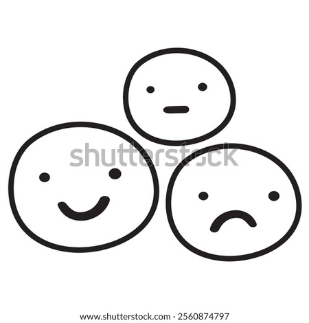 Three faces with different emotions. Sad, happy, neutral. Outline vector illustration on white background.