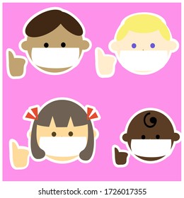 Three faces of kids and a baby. Vector illustration image. Thumbs up