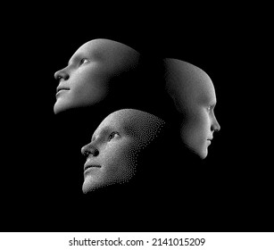 Three faces looking in different directions. Anonymous social masking. Technology and robotics concept. 3D vector illustration.