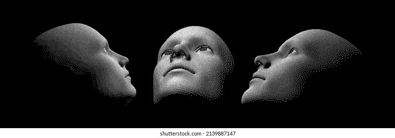 Three faces are looking at something. Technology and robotics concept. 3D vector illustration.