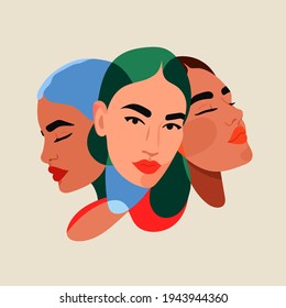 Tres caras, una persona. Tres personalidades diferentes de una mujer. Personalidad fraccionada, trastorno bipolar, estado de ánimo, diversas emociones, mente Mental, concepto de psicoterapia. Ilustración del vector abstracto 