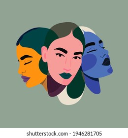 Three Faces, One Person. Three Different Personalities Of One Woman. Split Personality, Bipolar Disorder, Mood, Various Emotions, Mind Mental, Psycho Therapy Concept. Abstract Vector Illustration 