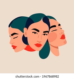 Three faces, one person. Three different personalities of one woman. Split Personality, bipolar disorder, mood, various emotions, mind Mental, psycho therapy concept. Abstract Vector illustration 