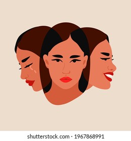 Three faces, one person. Three different personalities of one woman. Split Personality, bipolar disorder, mood, various emotions, mind Mental, psycho therapy concept. Abstract Vector illustration 