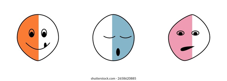 Three faces with one smiling, one sleeping and one frowning. The smiling face is orange and white, the sleeping face is blue and white, and the frowning face is pink and white