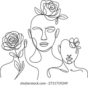 Tres caras y rosas línea continua dibujo línea arte