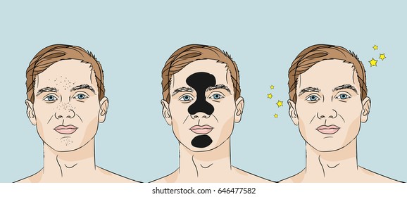 Three faces of a same man with black spots, black mask and a result of it on light background