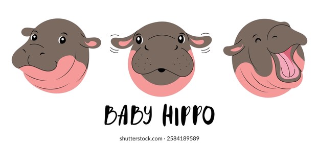 Three facial expressions of a cute baby hippo, smile, curiosity, laugh. Hand drawn hippopotamus cub, wild animal, in flat design. Isolated vector illustration.