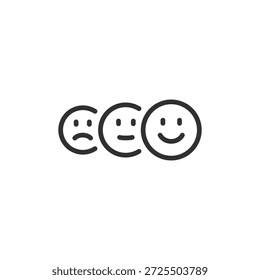 Tres expresiones faciales, icono lineal. Evaluación de sentimiento y escala emocional. Línea con trazo editable.