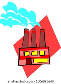 Three factory sign pipes produce smoke, Concept of air pollution, industry and ecology, global warming, smoke, emissions from three industrial pipes against the blue sky, Aircraft in the distance