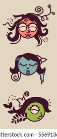 Three fairies characters heads - four seasons - spring, summer, autumn and winter. Vector ethnic folklore illustrations. Ivory background. Womanly funny goddess. Simple original concept.