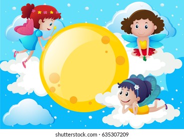 Tres hadas volando alrededor de la ilustración de la luna